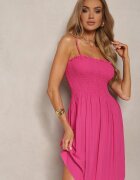 defox Rochie Fucsia din Bumbac cu Bretele cu Croială Cloș cu Partea Superioară Încrețită Christten