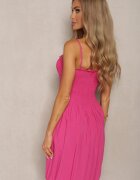defox Rochie Fucsia din Bumbac cu Bretele cu Croială Cloș cu Partea Superioară Încrețită Christten
