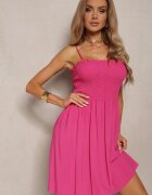 defox Rochie Fucsia din Bumbac cu Bretele cu Croială Cloș cu Partea Superioară Încrețită Christten