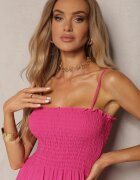 defox Rochie Fucsia din Bumbac cu Bretele cu Croială Cloș cu Partea Superioară Încrețită Christten