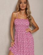 defox Rochie fucsia din bumbac cu bretele evazată și cu partea de sus încrețită Risetto