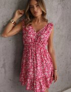defox Rochie Fucsia din bumbac cu bretele groase cu elastic în talie încheiată cu nasturi Tessri