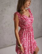 defox Rochie Fucsia din bumbac cu bretele groase cu elastic în talie încheiată cu nasturi Tessri