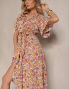 defox Rochie Galbenă cu pliuri cu imprimeu floral cu croi evazat Lanelin