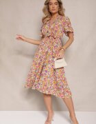 defox Rochie Galbenă cu pliuri cu imprimeu floral cu croi evazat Lanelin