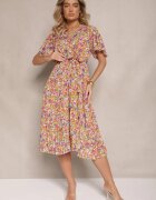 defox Rochie Galbenă cu pliuri cu imprimeu floral cu croi evazat Lanelin