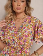 defox Rochie Galbenă cu pliuri cu imprimeu floral cu croi evazat Lanelin