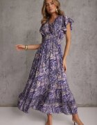 defox Rochie Granat de Bumbac Paisley cu Decolteu Petrecut cu Volan și Elastic în Talie Brionea