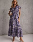 defox Rochie Granat de Bumbac Paisley cu Decolteu Petrecut cu Volan și Elastic în Talie Brionea