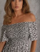 defox Rochie hispanică din bumbac cu print vegetal care evidențiază talia cu ciucuri Kradli Neagră