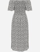 defox Rochie hispanică din bumbac cu print vegetal care evidențiază talia cu ciucuri Kradli Neagră