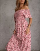 defox Rochie hispanică din bumbac cu print vegetal care evidențiază talia cu ciucuri Kradli Roșie