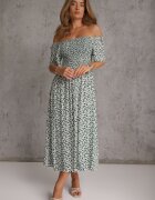 defox Rochie hispanică din bumbac cu print vegetal care evidențiază talia cu ciucuri Kradli Verde