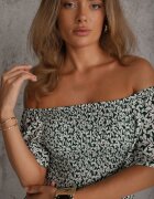 defox Rochie hispanică din bumbac cu print vegetal care evidențiază talia cu ciucuri Kradli Verde
