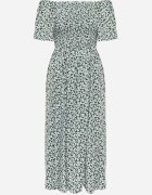 defox Rochie hispanică din bumbac cu print vegetal care evidențiază talia cu ciucuri Kradli Verde
