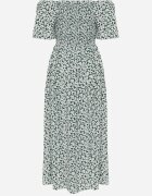 defox Rochie hispanică din bumbac cu print vegetal care evidențiază talia cu ciucuri Kradli Verde