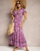 defox Rochie Mov din Bumbac Paisley cu Decolteu petrecut cu Volan și Elastic în Talie Brionea