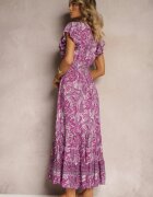 defox Rochie Mov din Bumbac Paisley cu Decolteu petrecut cu Volan și Elastic în Talie Brionea