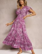 defox Rochie Mov din Bumbac Paisley cu Decolteu petrecut cu Volan și Elastic în Talie Brionea