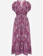 defox Rochie Mov din Bumbac Paisley cu Decolteu petrecut cu Volan și Elastic în Talie Brionea