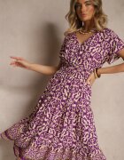 defox Rochie mov închis din Bumbac cu Decolteu Triunghiular și Elastic în Talie Încheiată cu nasturi