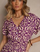defox Rochie mov închis din Bumbac cu Decolteu Triunghiular și Elastic în Talie Încheiată cu nasturi