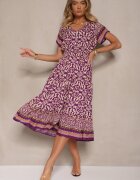 defox Rochie Mov închis din Bumbac cu Elastic în Talie și Butoni Decorativi Natifarela