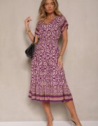 defox Rochie Mov închis din Bumbac cu Elastic în Talie și Butoni Decorativi Natifarela