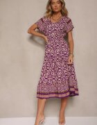 defox Rochie Mov închis din Bumbac Decorată cu Motiv Ornamental Fillena