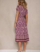 defox Rochie Mov închis din Bumbac Decorată cu Motiv Ornamental Fillena