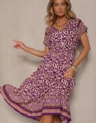 defox Rochie Mov închis din Bumbac Decorată cu Motiv Ornamental Fillena