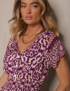defox Rochie Mov închis din Bumbac Decorată cu Motiv Ornamental Fillena