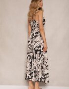defox Rochie Neagră Cloș din Bumbac cu Imprimeu Tropical cu Dantelă Alulora