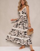 defox Rochie Neagră Cloș din Bumbac cu Imprimeu Tropical cu Dantelă Alulora