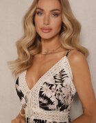 defox Rochie Neagră Cloș din Bumbac cu Imprimeu Tropical cu Dantelă Alulora
