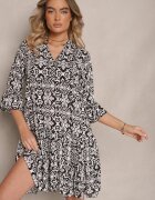 defox Rochie Neagră Cloș din Bumbac cu Model Ornamental cu Volan Lanariella