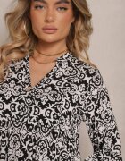 defox Rochie Neagră Cloș din Bumbac cu Model Ornamental cu Volan Lanariella