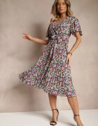 defox Rochie Neagră cu Pliuri cu Imprimeu Floral cu Croială Cloș Lanelin