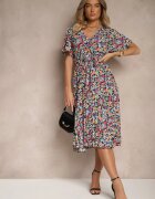 defox Rochie Neagră cu Pliuri cu Imprimeu Floral cu Croială Cloș Lanelin