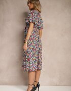 defox Rochie Neagră cu Pliuri cu Imprimeu Floral cu Croială Cloș Lanelin