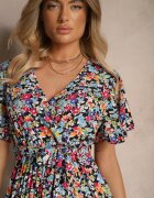 defox Rochie Neagră cu Pliuri cu Imprimeu Floral cu Croială Cloș Lanelin