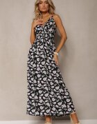 defox Rochie Neagră de Bumbac cu bretele subțiri cu model floral cu croială evazată Rosaq