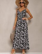 defox Rochie Neagră de Bumbac cu bretele subțiri cu model floral cu croială evazată Rosaq