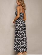 defox Rochie Neagră de Bumbac cu bretele subțiri cu model floral cu croială evazată Rosaq