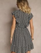 defox Rochie Neagră de bumbac cu croi evazat cu nasturi cu model floral Roniva