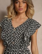 defox Rochie Neagră de bumbac cu croi evazat cu nasturi cu model floral Roniva