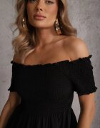 defox Rochie Neagră de vară din bumbac stil spaniol cu volane evazate Lorania