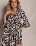 defox Rochie Neagră din bumbac cu croi evazat cu imprimeu etnic Zalivine