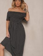 defox Rochie Neagră Din bumbac cu croi evazat decorată cu imprimeu buline Lisanovia