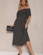 defox Rochie Neagră Din bumbac cu croi evazat decorată cu imprimeu buline Lisanovia
